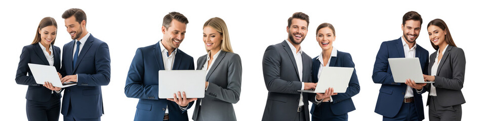Collection of happy business couples holding a laptop and standing against a white background, smiling male and female businesspeople wearing suits isolated on white or transparent background