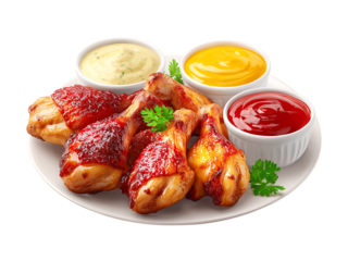 A plate of chicken wings with various dressings and various dipping sauces isolated on a transparent background