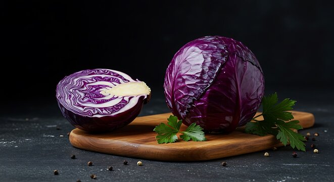 Preparing Red Cabbage on a Wood Cutting Board with Dark Background