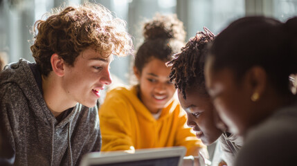 Engaged students collaborate in bright, modern learning environment, sharing ideas and working together on project. Their diverse backgrounds enhance educational experience