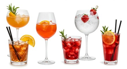 Colorful cocktails with ice cubes isolated on white background