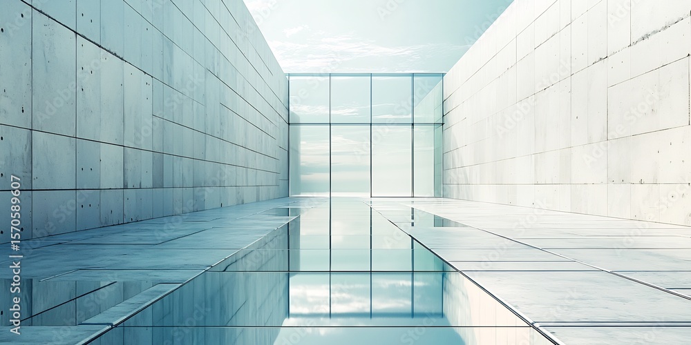 Poster modern architecture's clean lines meet reflections, creating serene space