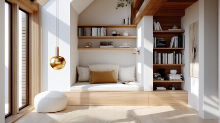 A minimalist cozy reading nook with built-in wooden shelves, soft cushions, neutral tones, and natural light from large windows.