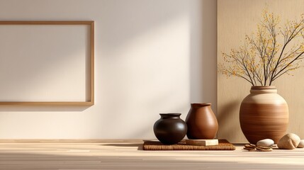 Minimalist wooden table with three ceramic vases and stones, set against beige textured walls and an empty framed canvas.