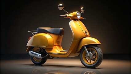 A yellow scooter parked on a reflective surface in a dark studio