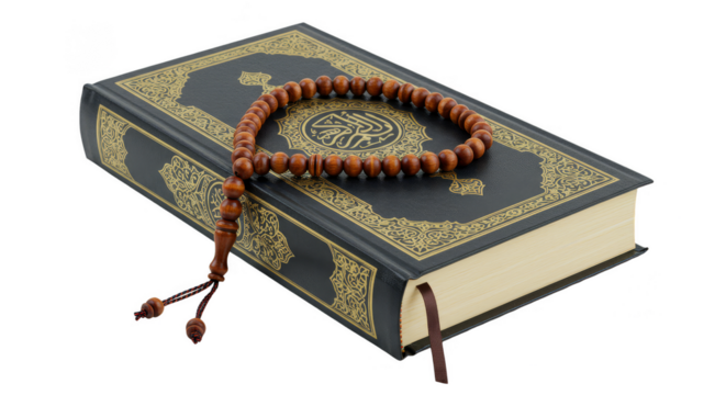 Quran Book with Rosary Isolated still life Faith and Religious Symbol
