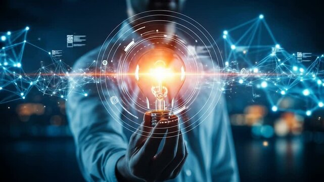 Man Holding Illuminated Lightbulb with Futuristic Graphics
