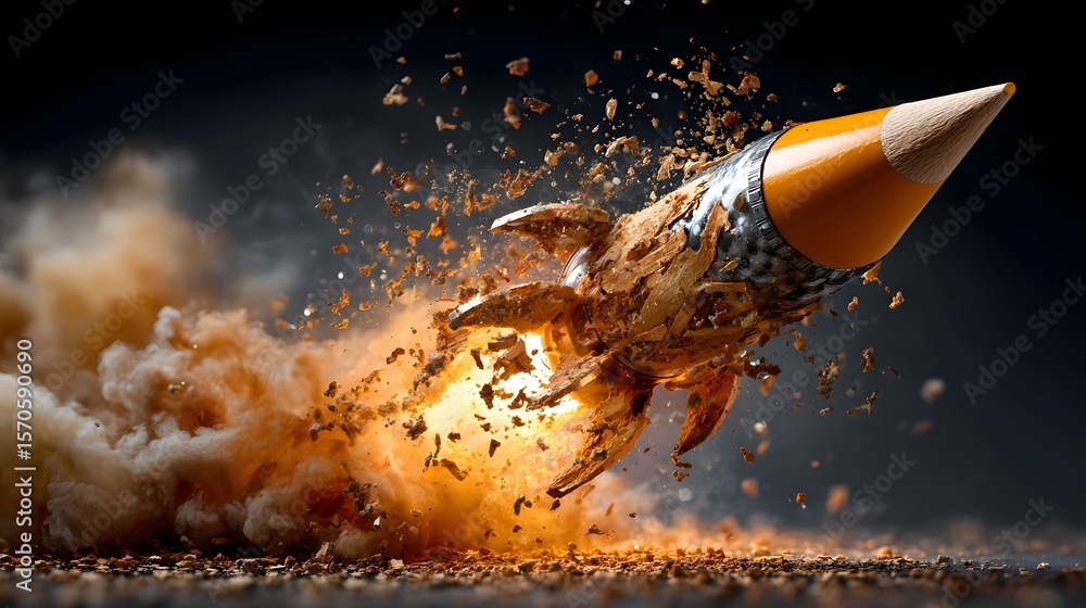 Poster explosive transformation of a pencil into a powerful rocket representing the unleashing of creativit