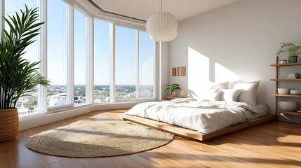 Bright and modern bedroom with large curved windows, a low wooden bed, white bedding, plants, and minimalist decor with natural light flooding the space.