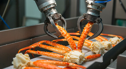 Russian crab processing lines. Kamchatka crab legs on automated butchering line, robotic claws precisely separating joints, plant
