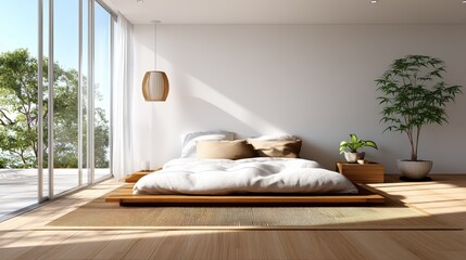 Minimalist bedroom with a low platform bed, natural light, wooden flooring, large windows, and indoor plants creating a serene, modern, and cozy atmosphere.