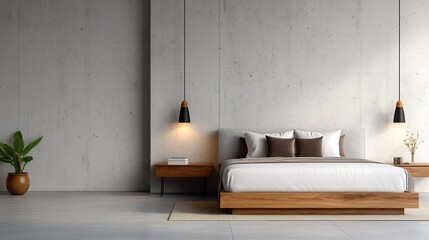 Minimalist bedroom with a wooden platform bed, neutral linens, pendant lights, and plants against a textured concrete wall.