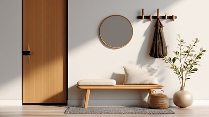 Minimalist entryway with wooden bench, round mirror, coat rack, woven basket, and a tall plant in a ceramic vase, bathed in natural light.