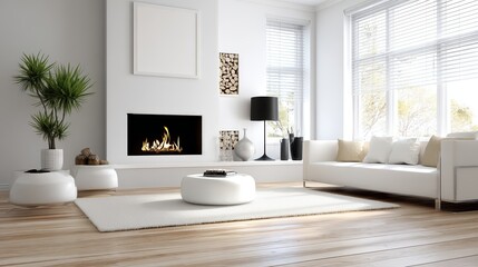 A bright, minimalist living room with modern white furniture, a sleek fireplace, wooden flooring, and large windows allowing natural light to fill the space.