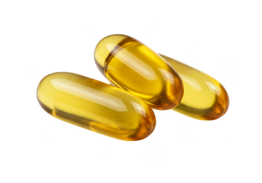 Realistic Image of Fish Oil Omega 3 Supplement Capsules on Transparent