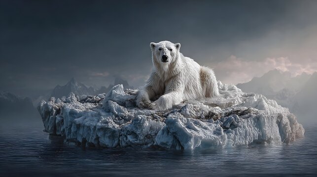 Lone polar bear sitting atop a diminishing iceberg symbolizing the threat of climate change and the fragility of the Arctic ecosystem