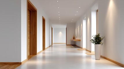 A bright, modern hallway with wooden doors, white walls, recessed lighting, and a large potted plant near a window letting in natural light.
