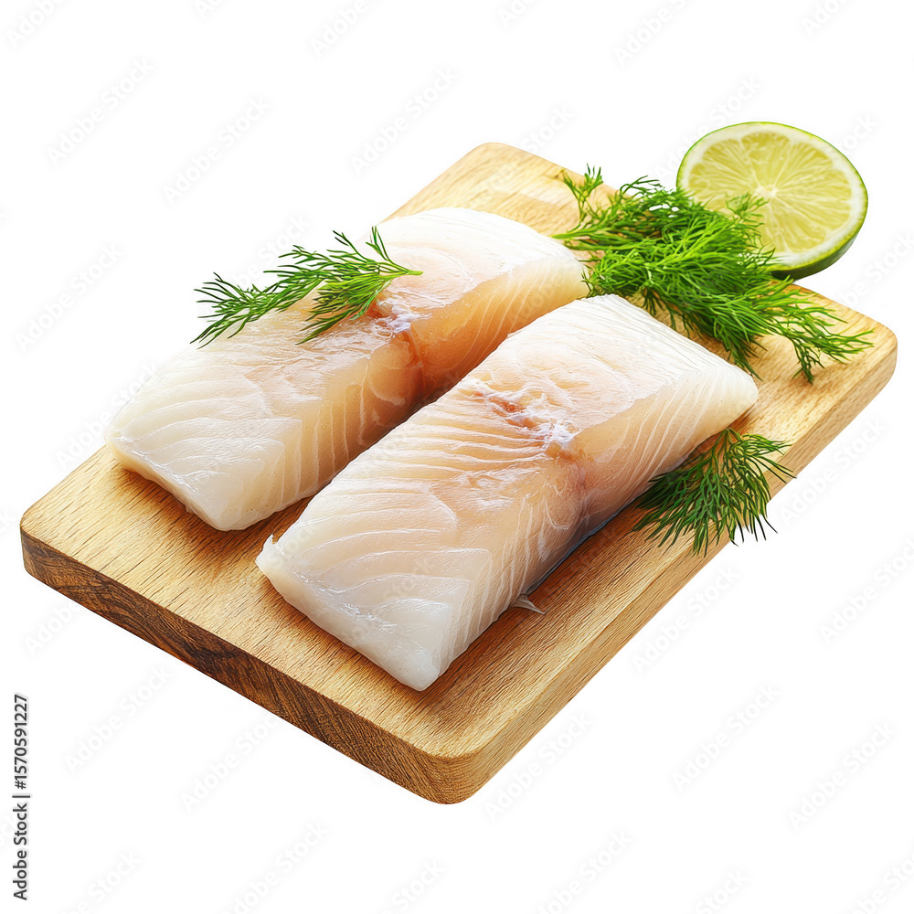 Poster two fresh cod fillets with dill and lime slice on a wooden board isolated on transparent background
