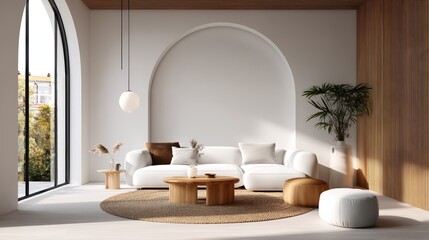 A modern living room with a white curved sofa, wooden coffee tables, a round woven rug, large arched window, and minimalist decor with plants and neutral tones.