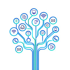 "Digital Technology Tree with Communication and Cloud Computing Icons on White Background"

