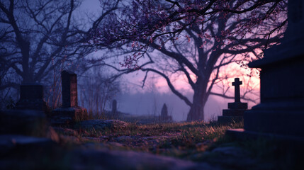 cemetery with leaning tombstones, dead trees and a ghostly fog floating in the air.