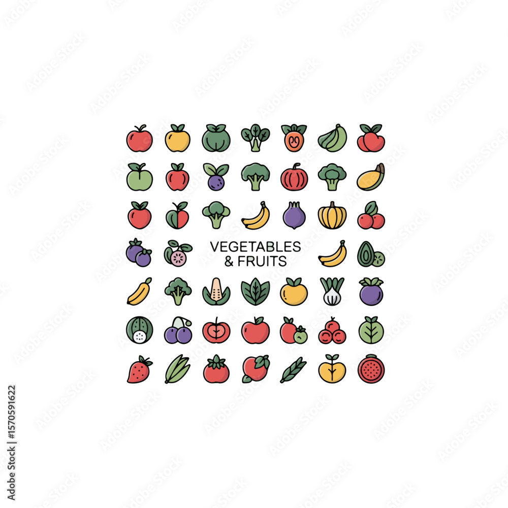 Poster assorted fruits and vegetables icons arranged in a square pattern view