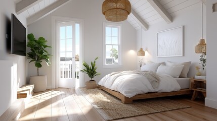 Bright, airy bedroom with white walls, wooden floors, cozy bed, large windows, natural light, and green plants creating a calm and inviting atmosphere.
