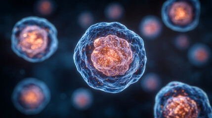 glowing blue tones, abstract representation of chemotherapy drugs targeting dividing cancer cells in bloodstream