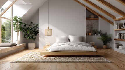 A modern, minimalist attic bedroom with natural light, wooden beams, indoor plants, and a cozy bed on a patterned rug.
