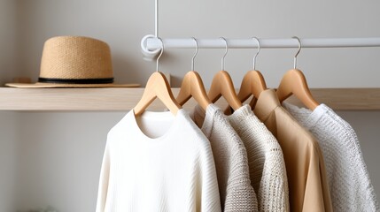 A minimalist wardrobe scene with neutral-toned sweaters hanging on wooden hangers and a straw hat on a shelf in the background.