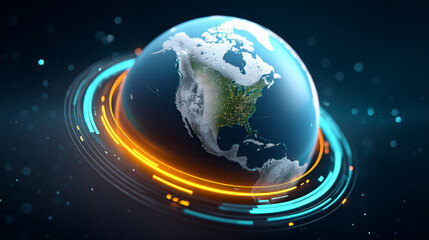Futuristic Digital Earth with Glowing Data Rings