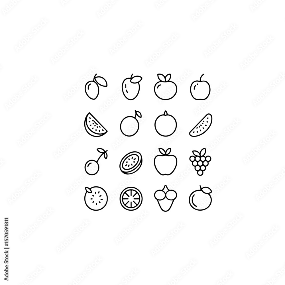 Poster a collection of simple line art fruit icons arranged in a grid pattern