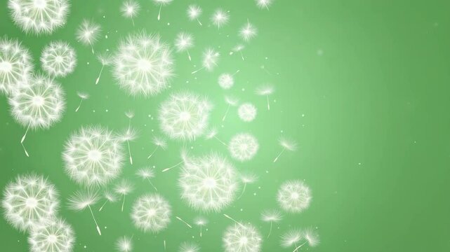 Dandelion seeds floating upward with wind on chroma green 