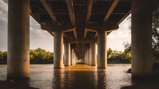 A grand bridge with a series of robust concrete pillars stretching across a tranquil river creating a visually striking and architecturally impressive structure that symbolizes strength and stability