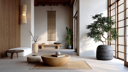 Minimalist Japanese-style living room with wooden furniture, natural light, and indoor plants creating a serene and cozy atmosphere.
