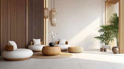 A minimalist living room with round rattan furniture, neutral tones, and natural light highlighting a large green plant by a wooden slatted wall and floor-to-ceiling window.
