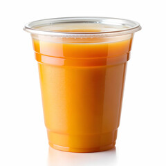 plastic cup with juice on white background