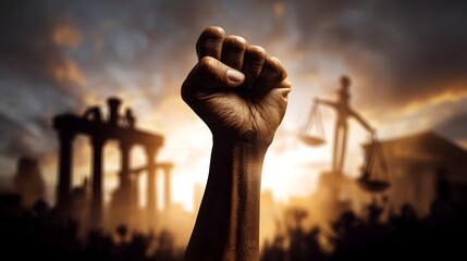 A powerful silhouetted fist raised against the backdrop of a dramatic sky symbolizing the fight for social justice and the voice of those demanding change