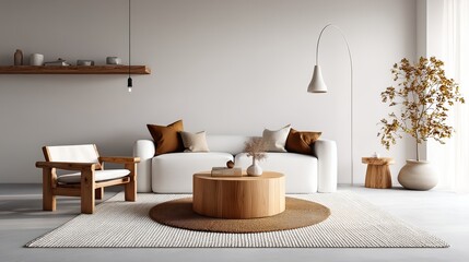 A modern, minimalist living room with neutral tones, wooden furniture, cozy textiles, and decorative plants creating a warm, inviting atmosphere.