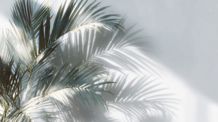 Soft leaf shadow overlay of tropical palm fronds gently cast on a smooth white wall, subtle natural light effect, isolated on transparent background 