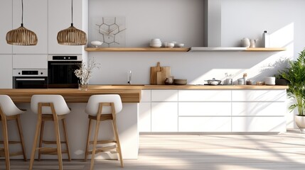 Modern kitchen interior with white cabinetry, wooden accents, pendant lights, bar stools, and potted plant bathed in natural sunlight.