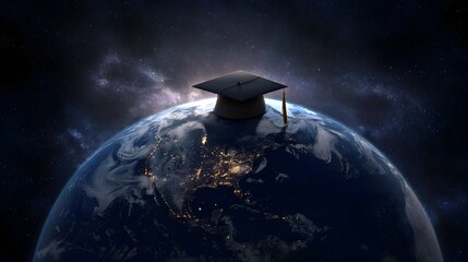 A graduation cap floats above the Earth representing the expansion of knowledge and the interconnected nature of education on a global scale