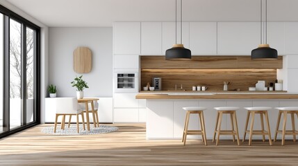 A modern, minimalist kitchen with white cabinetry, wooden accents, large windows, and a spacious island with stools, blending natural light and clean design.