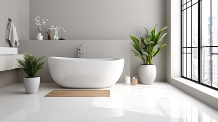 A modern minimalist bathroom with a white freestanding bathtub, large windows, green plants, and neutral decor creating a bright, serene space.
