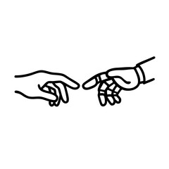 Obraz premium Black and white minimalist line art of a human hand reaching out to a robotic hand, inspired by the idea of connection between man and machine.