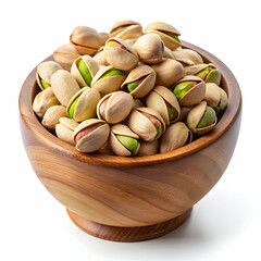 pistachio nuts in a wooden bowl on a transparent