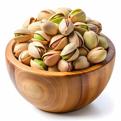 pistachio nuts in a wooden bowl on a transparent