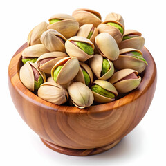 pistachio nuts in a wooden bowl on a transparent