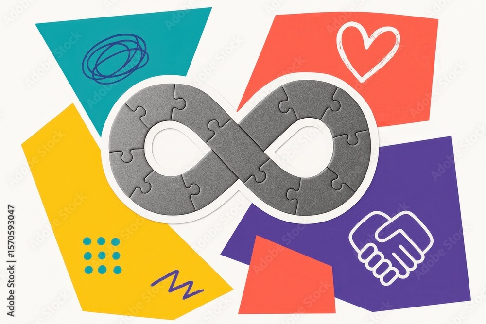 Poster infinity symbol made of puzzle pieces surrounded by colorful blocks with symbols representing differ