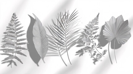 Silhouetted tropical leaves creating delicate shadows with realistic diffusion, sunlit projection on clean white surface, transparent PNG format 